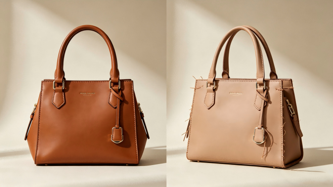 A high-quality handbag next to a low-quality one