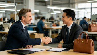 A business owner shaking hands with a factory manager